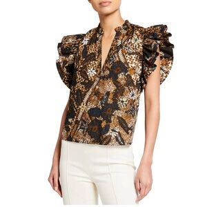 NWOT Ulla Johnson Elena Bronze Ruffle short Sleeve Tribal Safari Print Top 10 L